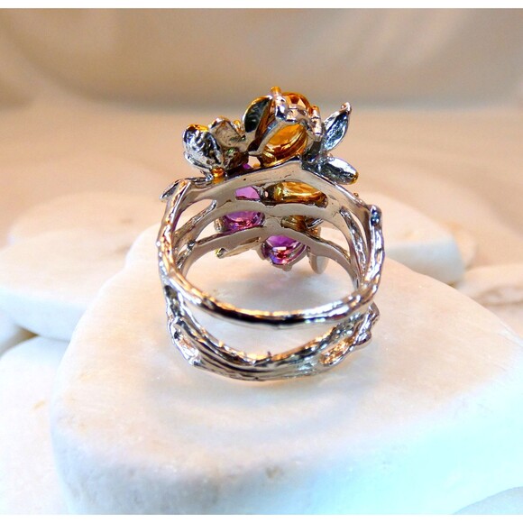 Citrine Amethyst Sterling Silver Cocktail Ring Botanical Vines Size 7.5 - Picture 6 of 8